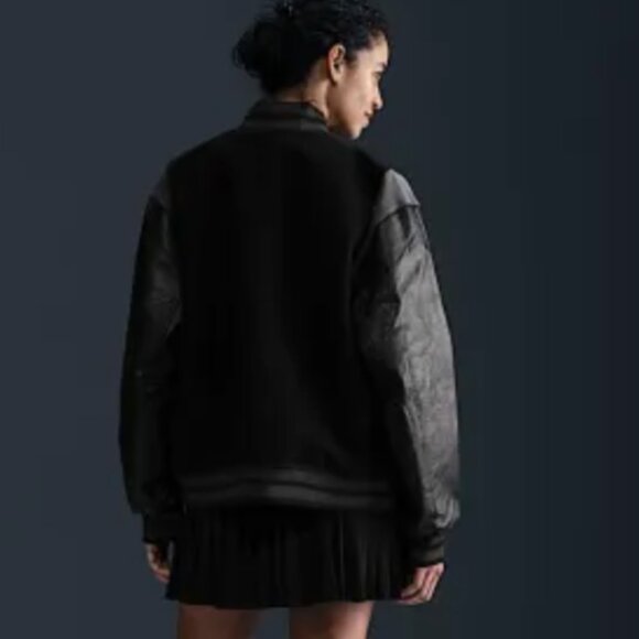 NWT New Nike Women's Destroyer Leather Bomber Jacket Coat Size Large L Black - Picture 2 of 6